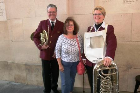 CIMG8802 Sep 9 2017 Daria with two members of St Cecilia Helden band before Last Post Ceremony at Menin Gate