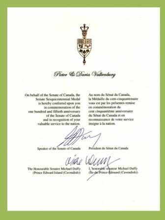 Senate of Canada medal certificate