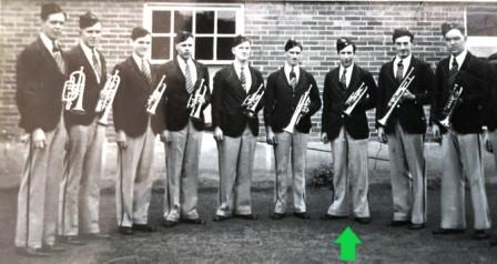 Musicians Ted 3rd from right with arrow